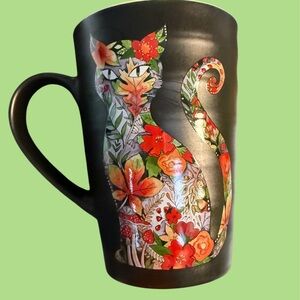 Colorful Floral Cat Figure on Black Mug withChartreuse Interior by PRIMO DESIGN